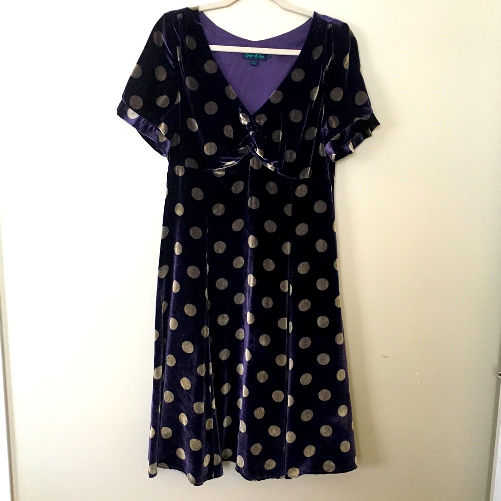 Purple velvet with gold polka dots dress sz 14